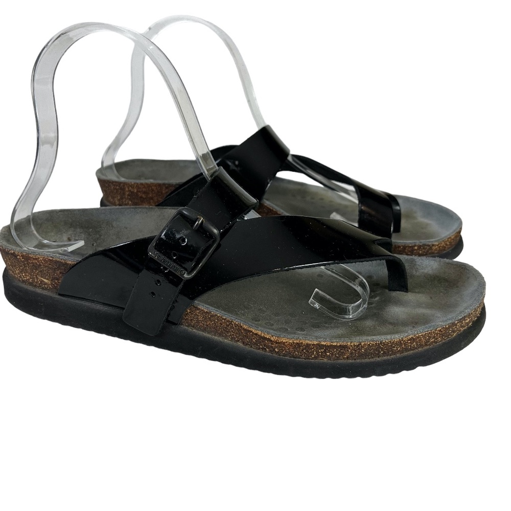 MEPHISTO Black Patent Genuine Leather Sandals Flip Flops Thongs Comfort Shoes 41